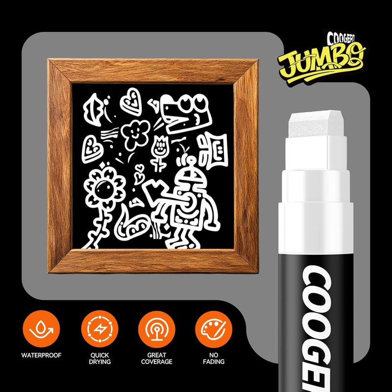 Coogert 3Pcs White Jumbo Poster Markers, 15MM Thick Permanent Acrylic Graffiti Markers, Wide Tip Paint Marker for Canvas, Posters Board, Fabric, Window, Glass, Wood, Teachers,Banner painting supplies - Image 3